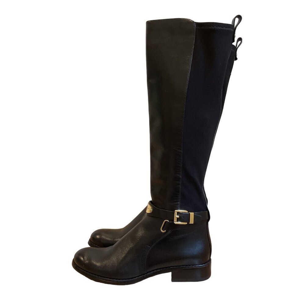 Michael Kors Black Leather Knee-High Riding Boots gold hardware Womens Size 5.5